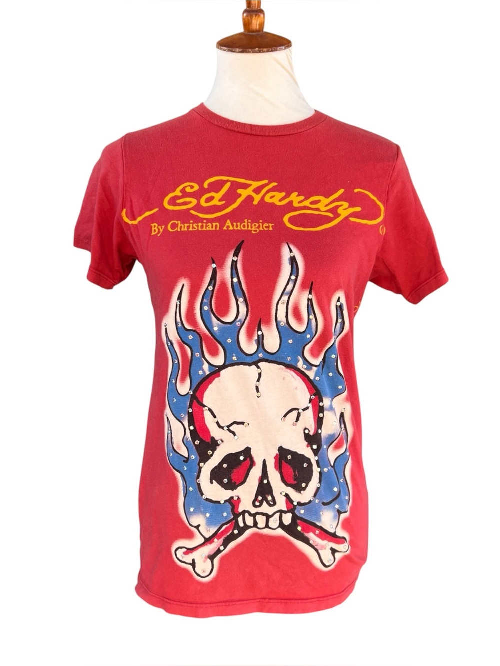 VTG Y2K Ed Hardy by Christian Audigier Flaming Skull Rhinestone Graphic Tee